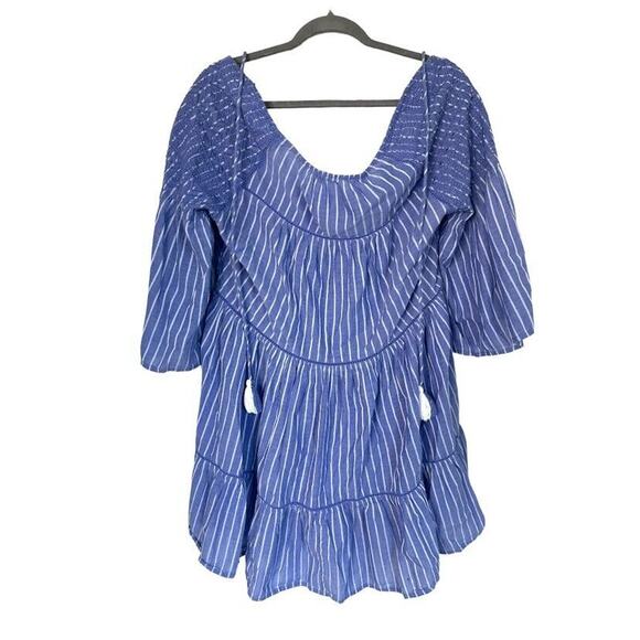 Free People Lola Boho Striped Tiered Dress Chambray Blue Embroidered Lagenlook - Picture 3 of 12